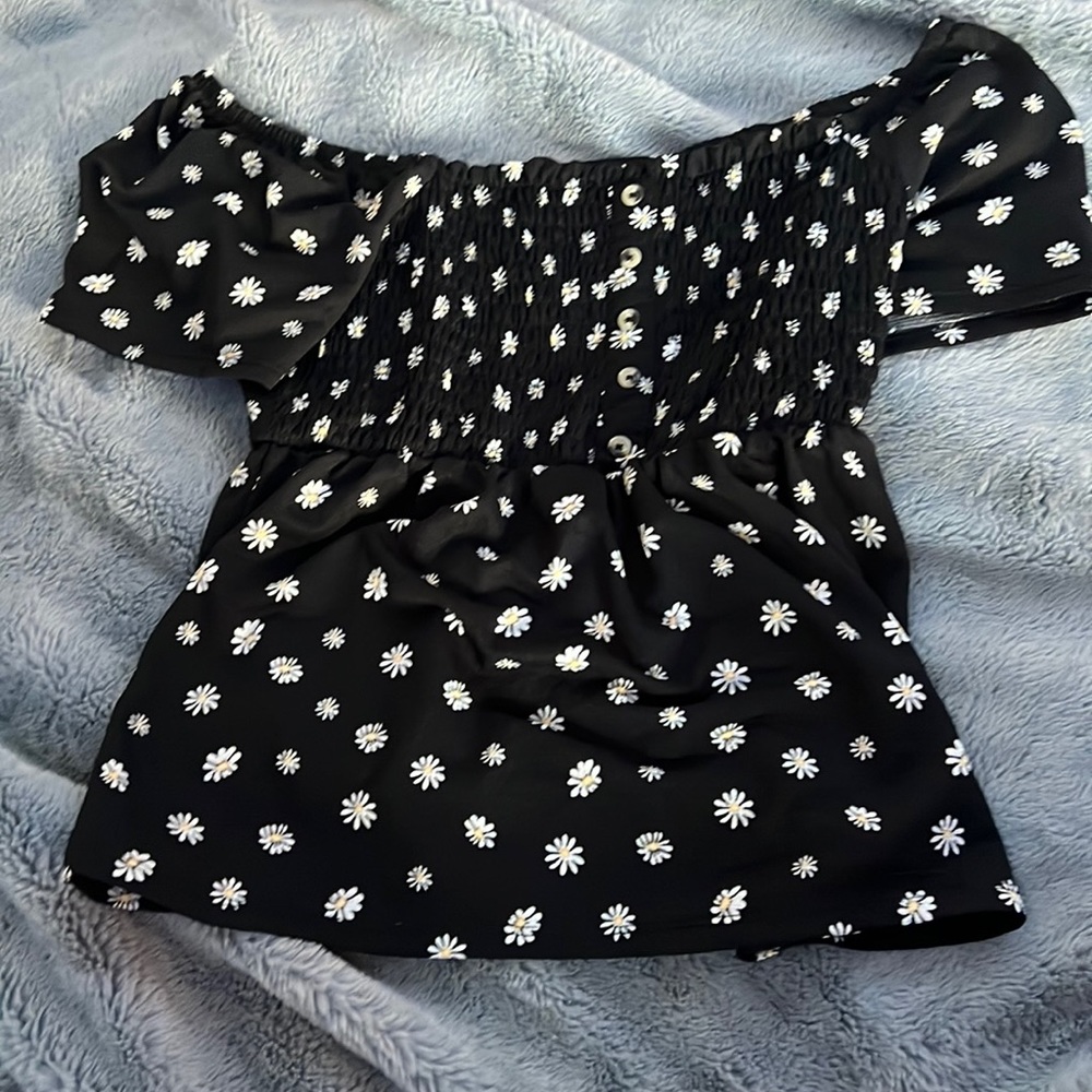 black with white flowers off shoulder top